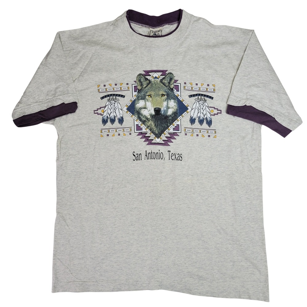 Vintage 1995 Alore Wolf San Antonio Texas T-Shirt XL Gray Purple Made‎ in USA